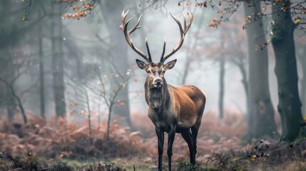 Animal portraits of a regal stag standing tall in a foggy forest
