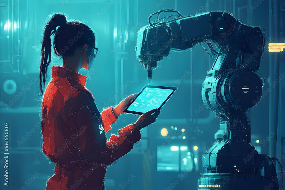 Aufkleber illustration of female engineer monitoring robotic arm automation with digital tablet in futuristic 