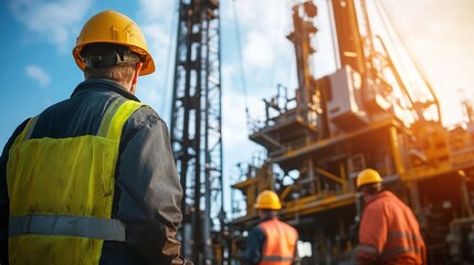 Oil workers wearing protective gear operating heavy machinery in an industrial setting, showcasing teamwork and safety measures in the oil industry
