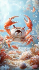 A crab singing joyfully with marine creatures in a lively underwater scene.