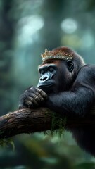 Obraz premium A gorilla with a sparkling crown sitting majestically on a high branch.