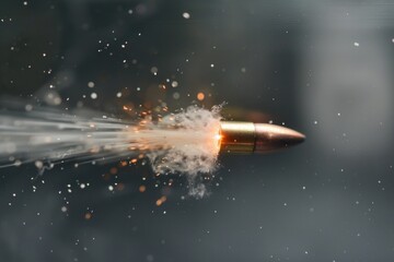 High-speed bullet in motion with explosive smoke and sparks against dark background AI