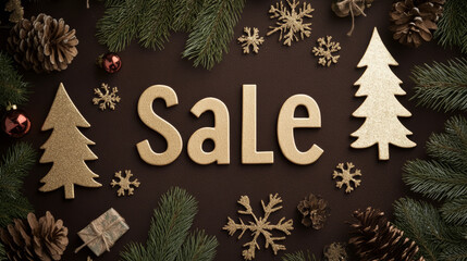 Vintage Sale in metallic gold on a dark brown background with holiday-themed stamps and retro textures 