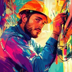 Fototapeta premium An engineer works on a circuit panel, surrounded by tools and vibrant colors, focusing on wiring