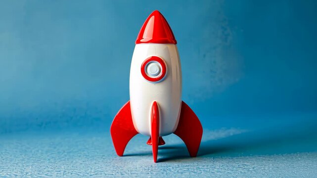 Toy rocket on a blue background, childhood imagination and space exploration concept