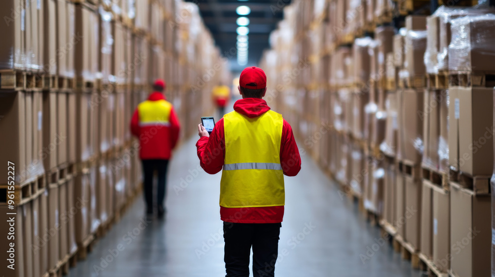 Poster warehouse workers organizing inventory with handheld devices orderly rows of products labeled and ca