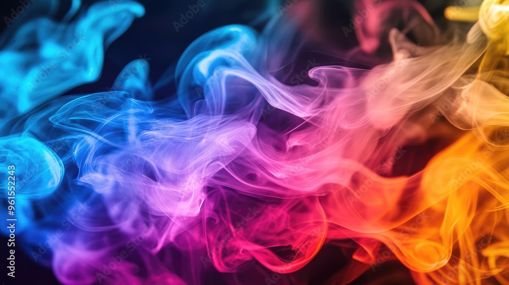 Poster close-up of colorful smoke in a still-life setup, with different shades blending and creating a capt