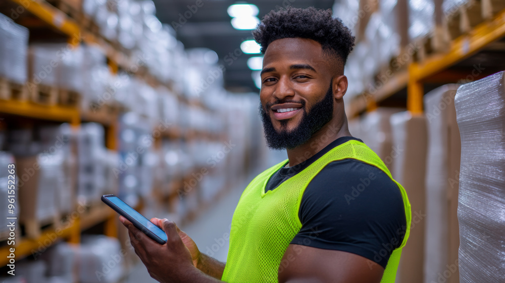 Poster warehouse workers organizing inventory with handheld devices orderly rows of products labeled and ca
