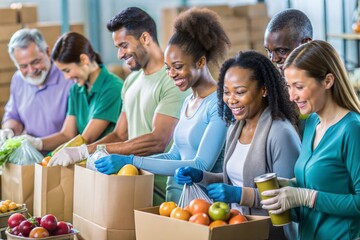 Group of volunteers sorting food donations in community center smiling together