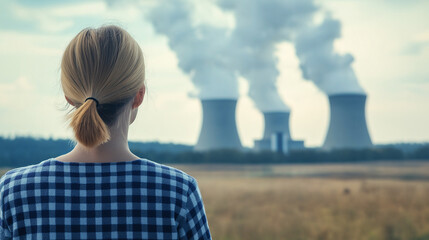 Woman looking at a nuclear power plant with smoke and sparks flying out of a damaged reactor 