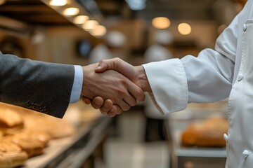Close-up of a handshake between a businessman and a baker