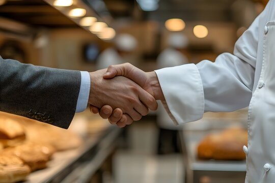 Close-up of a handshake between a businessman and a baker