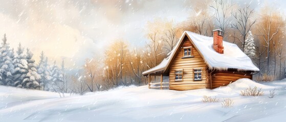 Naklejka premium A cabin sits amidst a snow-laden forest, snowflakes cascading around it, trees blanketed in winter's backdrop