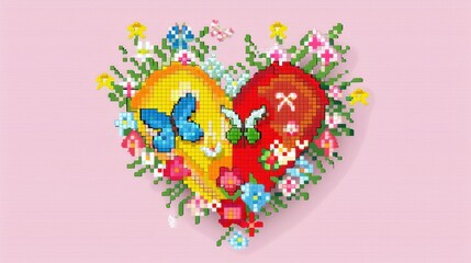 Fototapeta premium Pixelated Heart with Flowers and Butterfly.