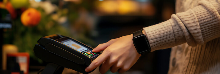 Person making contactless payment using smartwatch, modern cashless transaction, digital wallet convenience, wearable technology, secure shopping experience, NFC, wireless payment solution