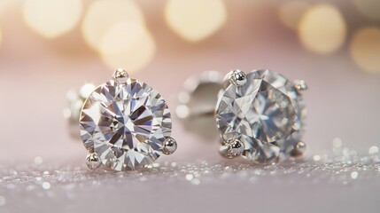 Fototapeta premium Close-up of elegant diamond stud earrings sparkling against a soft, blurred background, highlighting their brilliance and clarity.