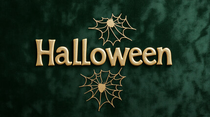 Word Halloween in elegant gold script over a dark green velvet background with golden spiderweb details 