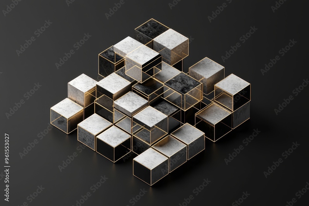 Poster three-dimensional rendering of geometric shapes. composition with squares. cube design for poster, b