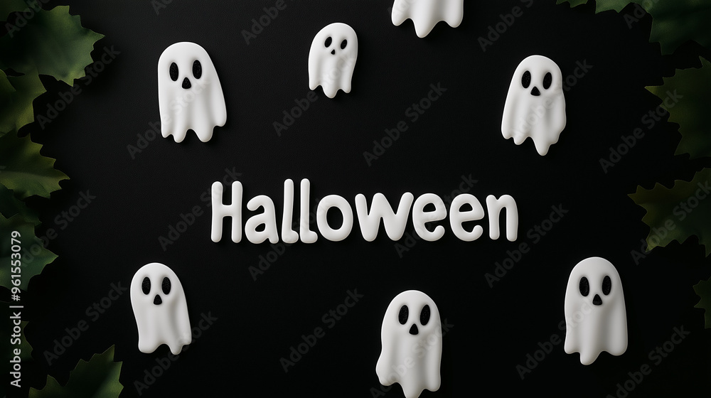Poster word halloween written in bones on a background of deep shadows and floating ghost shapes