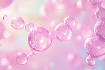 A close-up view of translucent pink molecules floating in a soft, pastel-colored environment