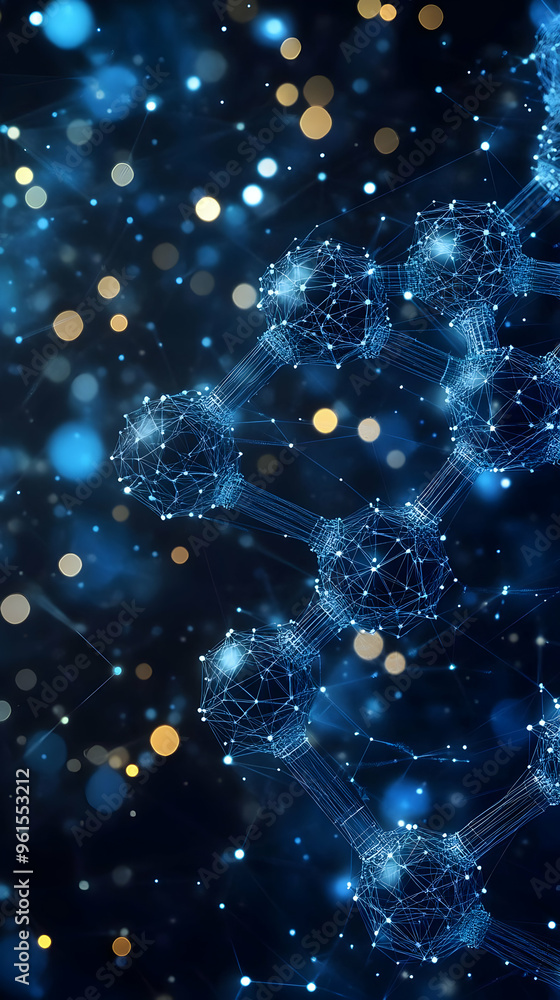 Poster abstract illustration of molecules with network connections and bokeh effect