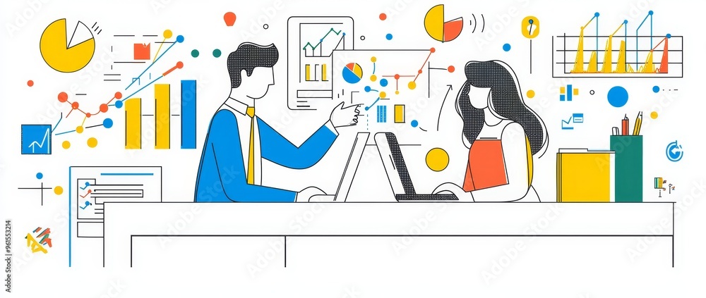 Poster web concept with flat outline design of a freelancer doing work remotely while sitting at home. illu