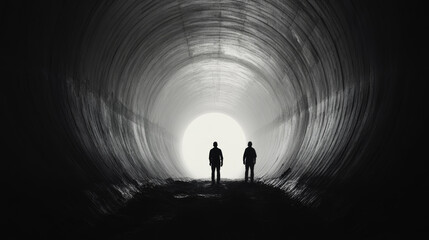 Workers installing support beams inside a partially completed tunnel, spotlight highlighting rough surfaces, intense atmosphere 