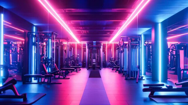 A gym with weight training equipment, illuminated by neon lights