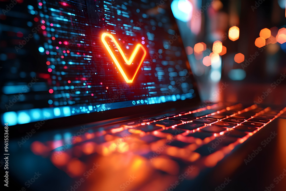 Poster digital checkmark 3d illustration: secure verification code on laptop