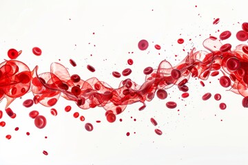 Stream of red blood cells flowing, highlighted on a white background