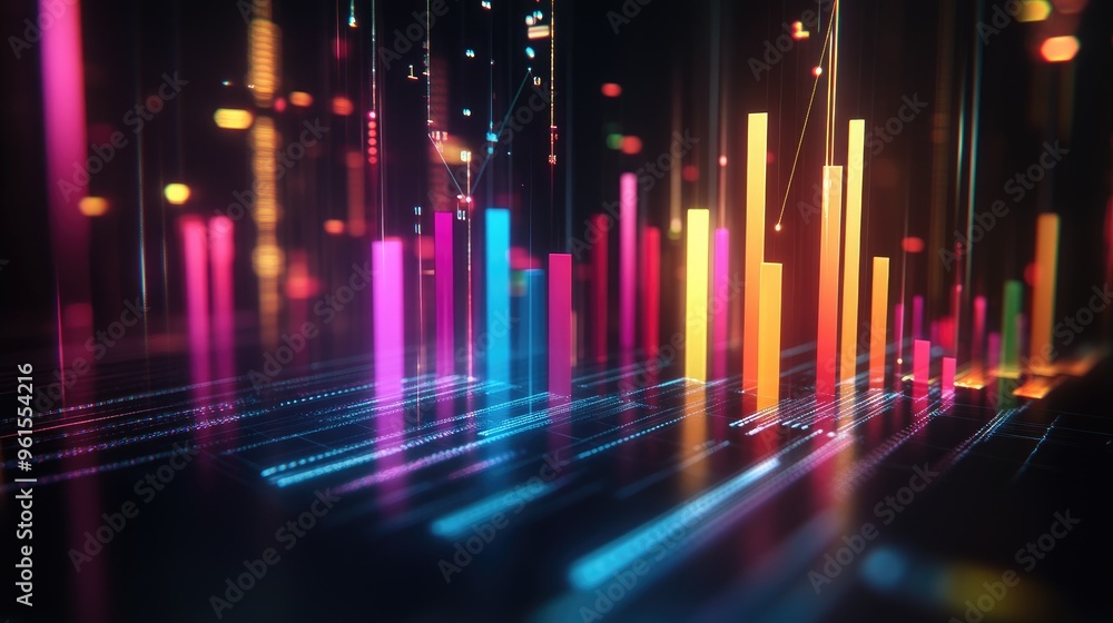 Poster colorful 3d bar graph on a dark background with glowing data lines connecting the bars, representing