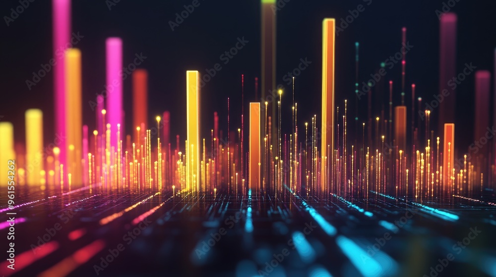 Poster colorful 3d bar graph on a dark background with glowing data lines connecting the bars, representing