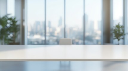 Fototapeta premium Desk and table in a workplace setting with a city megapolis skyscrapers wallpaper background