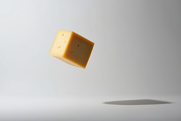 Dynamic Cheese Cube Jumping in Air Against White Background