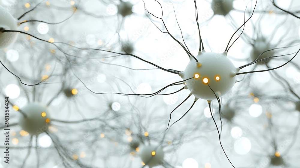 Poster a digital model of a complex biological network showcasing neural pathways and interactions