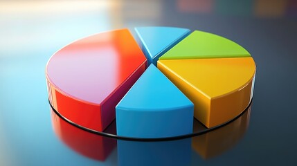 Obraz premium Colorful 3D pie chart with rotating segments, placed on a reflective surface. Representing market share or company division.