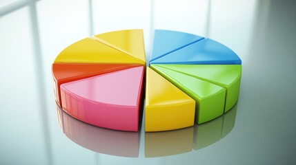 Fototapeta premium Colorful 3D pie chart with rotating segments, placed on a reflective surface. Representing market share or company division.