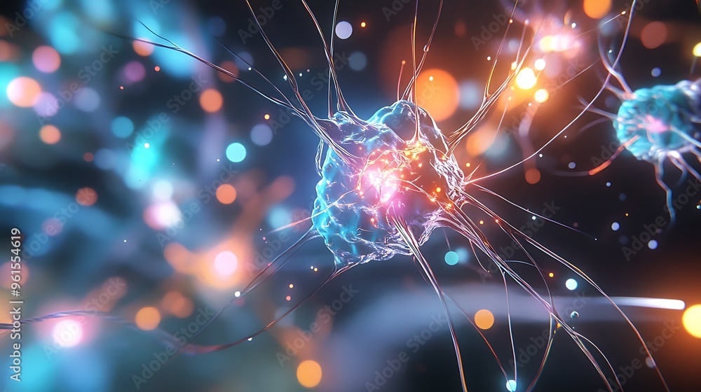Poster a digital model of a complex biological network showcasing neural pathways and interactions