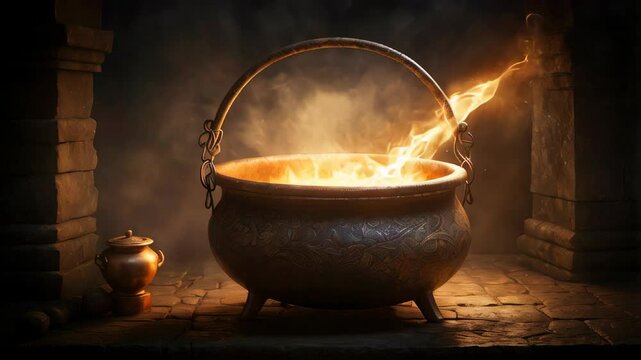 A sorcerer's cauldron boiling a potion
