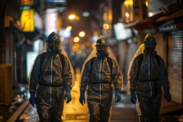 Obraz premium Hazmat Team Walking through Nighttime Urban Alley in Protective Suits and Masks