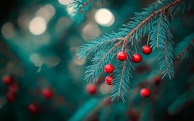Christmas tree branch decorated with colorful crystal balls and bokeh background for copy space.