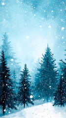 Landscape illustration of winter forest in cold colors. Watercolor drawing for Christmas and Happy New Year card celebration. Background design for invitation, social post, ad, cover and sale banner.