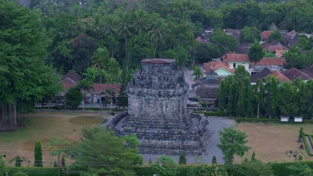 Aerial view of Mendut Temple in Magelang, Central Java, Indonesia. Buddhist temple.