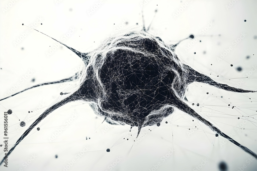 Poster abstract 3d render of a black networked cell on a white background
