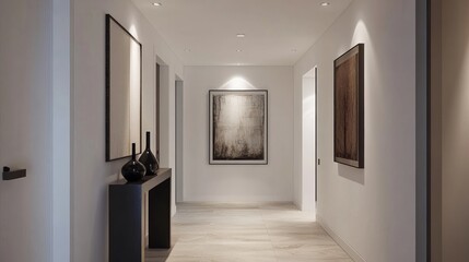 Obraz premium Contemporary hallway with minimalist decor, including a simple console table, modern artwork, and a clean, uncluttered look