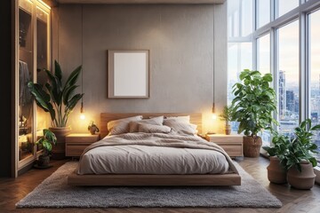 A cozy, modern bedroom with warm tones and soft textures.