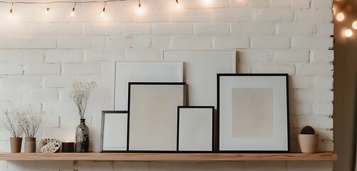 a vintage wooden wall shelf adorned with twinkling string lights. low angle