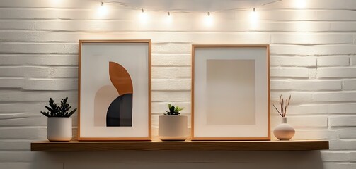 a vintage wooden wall shelf adorned with twinkling string lights. low view