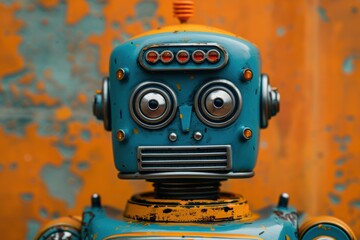 Fototapeta premium Detailed robot model kit showcasing interchangeable components against a textured backdrop