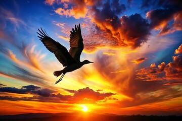 Fototapeta premium A majestic American bird, emblem of conservation, soars against a kaleidoscope of sunset hues, its silhouette a beacon of hope and freedom.